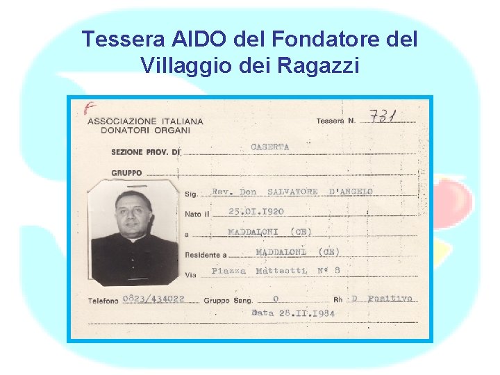 Tessera AIDO del Fondatore del Villaggio dei Ragazzi 