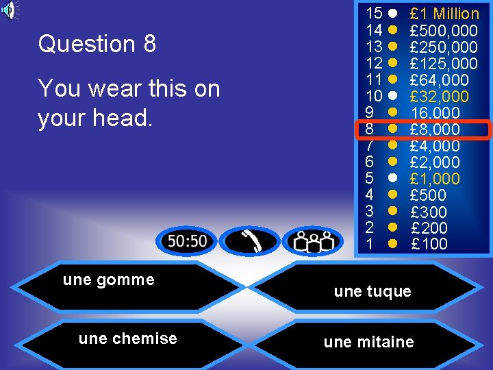 Question 8 You wear this on your head. une gomme une chemise 15 14