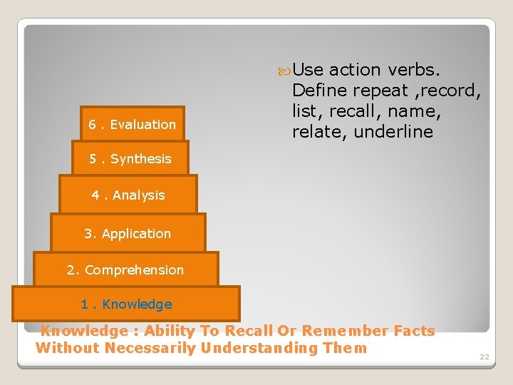  Use 6. Evaluation action verbs. Define repeat , record, list, recall, name, relate,