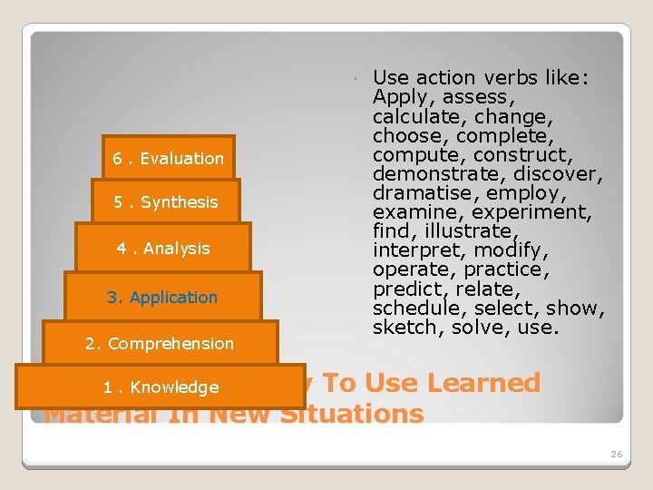  6. Evaluation 5. Synthesis 4. Analysis 3. Application 2. Comprehension Use action verbs