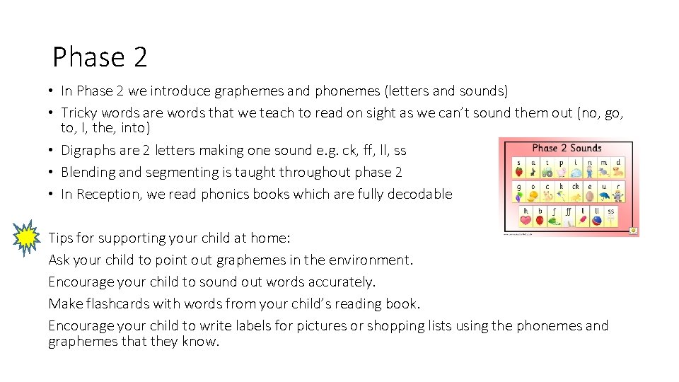 Phase 2 • In Phase 2 we introduce graphemes and phonemes (letters and sounds) Phase 2 • In Phase 2 we introduce graphemes and phonemes (letters and sounds)