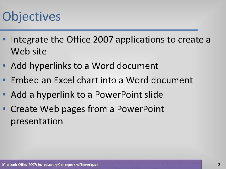 Objectives • Integrate the Office 2007 applications to create a Web site • Add