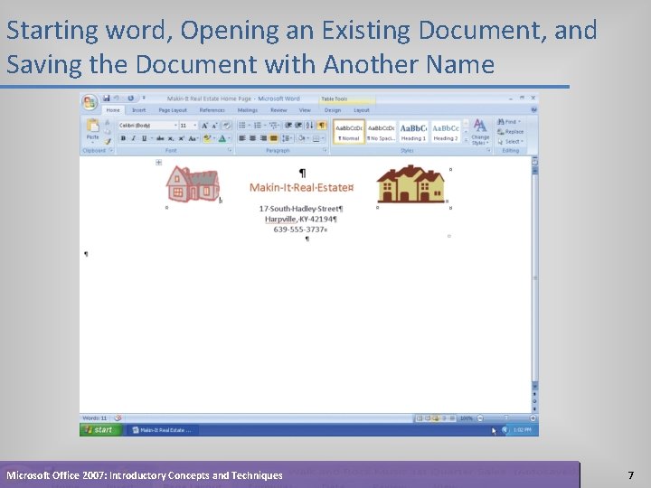 Starting word, Opening an Existing Document, and Saving the Document with Another Name Microsoft