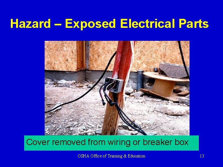 Hazard – Exposed Electrical Parts Cover removed from wiring or breaker box OSHA Office