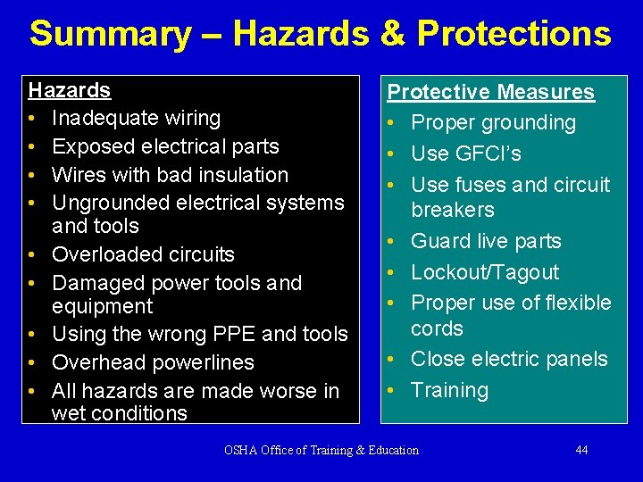 Summary – Hazards & Protections Hazards • Inadequate wiring • Exposed electrical parts •