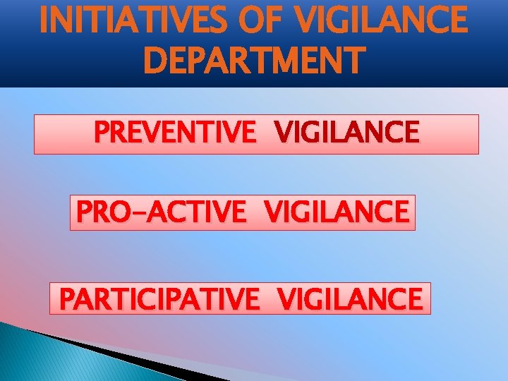 INITIATIVES OF VIGILANCE DEPARTMENT PREVENTIVE VIGILANCE PRO-ACTIVE VIGILANCE PARTICIPATIVE VIGILANCE 