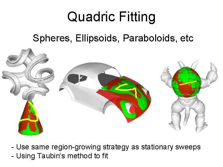 Quadric Fitting Spheres, Ellipsoids, Paraboloids, etc - Use same region-growing strategy as stationary sweeps