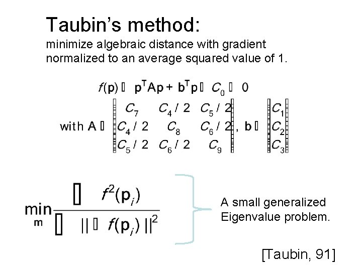 Taubin’s method: minimize algebraic distance with gradient normalized to an average squared value of