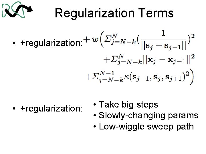 Regularization Terms • +regularization: • Take big steps • Slowly-changing params • Low-wiggle sweep