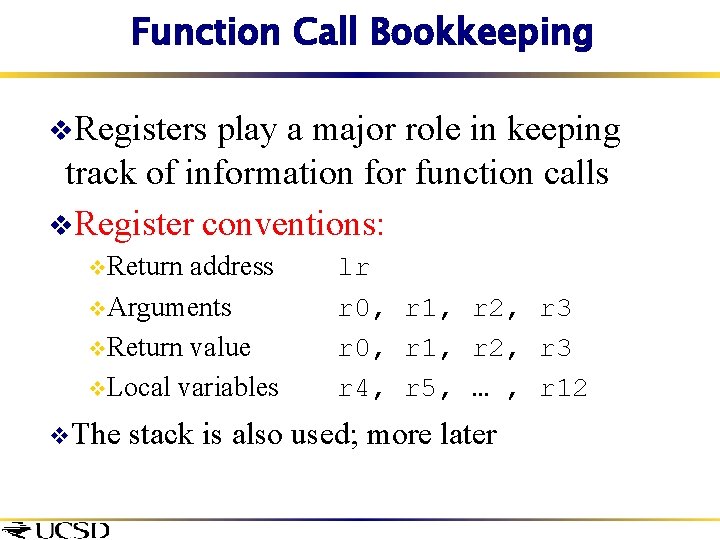Function Call Bookkeeping v. Registers play a major role in keeping track of information