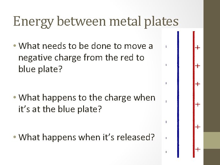 Energy between metal plates • What needs to be done to move a negative