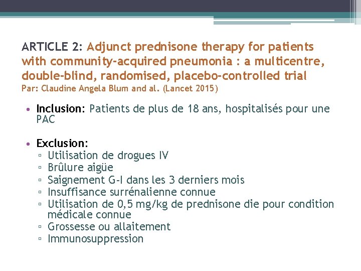 ARTICLE 2: Adjunct prednisone therapy for patients with community-acquired pneumonia : a multicentre, double-blind,