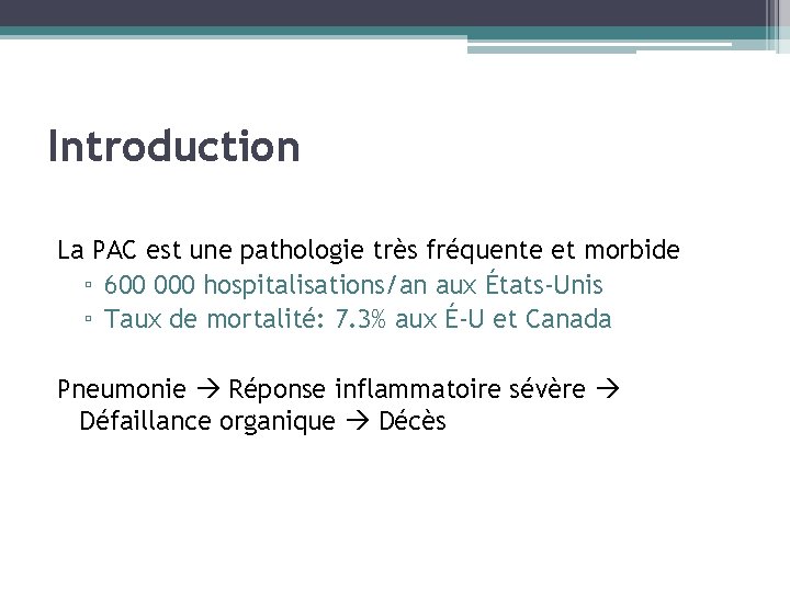 Introduction La PAC est une pathologie très fréquente et morbide ▫ 600 000 hospitalisations/an