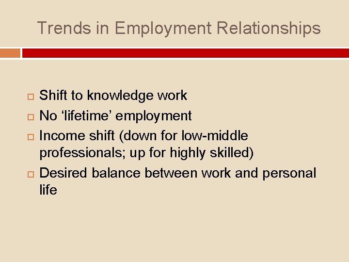 Trends in Employment Relationships Shift to knowledge work No ‘lifetime’ employment Income shift (down