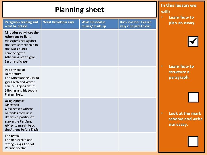 In this lesson we will: Planning sheet Paragraph heading and what to include: What