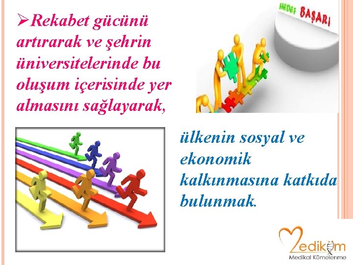 ØRekabet gücünü artırarak ve şehrin üniversitelerinde bu oluşum içerisinde yer almasını sağlayarak, ülkenin sosyal