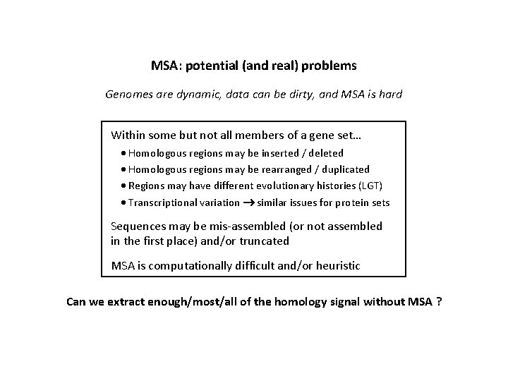 MSA: potential (and real) problems Genomes are dynamic, data can be dirty, and MSA