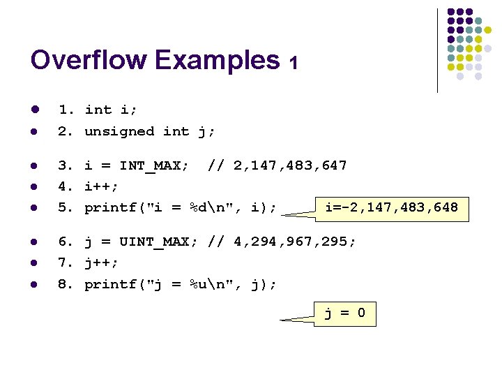 Overflow Examples 1 l l l l 1. int i; 2. unsigned int j;