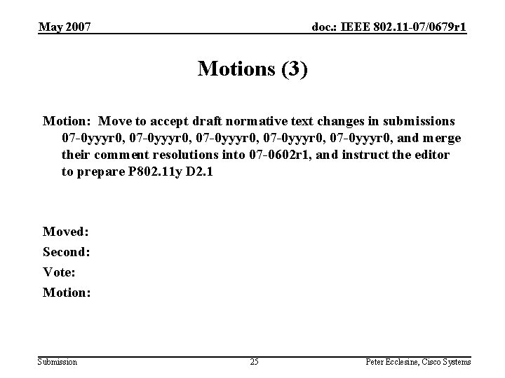 May 2007 doc. : IEEE 802. 11 -07/0679 r 1 Motions (3) Motion: Move