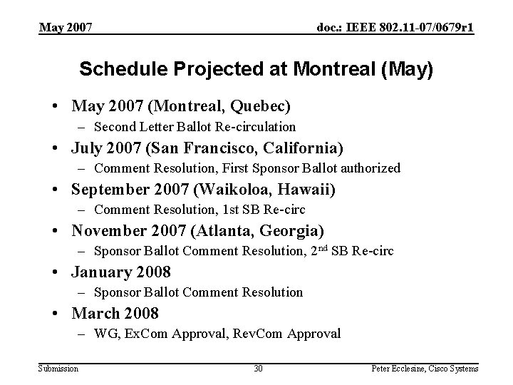 May 2007 doc. : IEEE 802. 11 -07/0679 r 1 Schedule Projected at Montreal