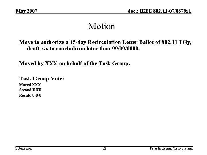 May 2007 doc. : IEEE 802. 11 -07/0679 r 1 Motion Move to authorize