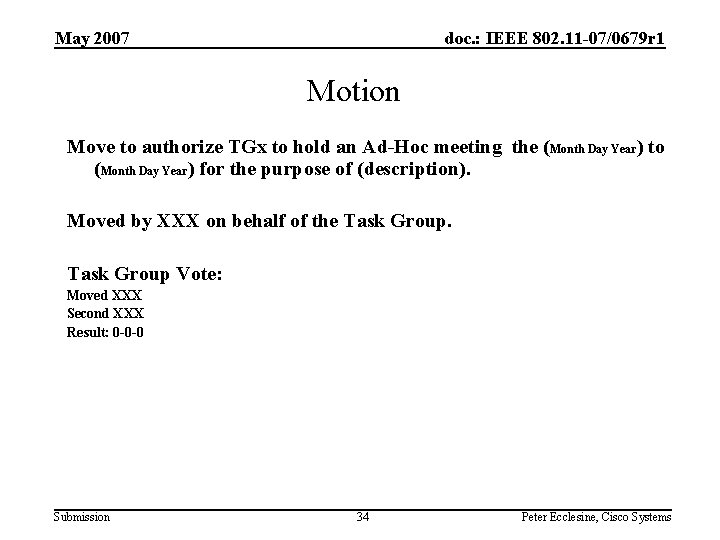 May 2007 doc. : IEEE 802. 11 -07/0679 r 1 Motion Move to authorize