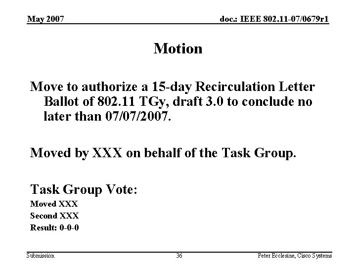 May 2007 doc. : IEEE 802. 11 -07/0679 r 1 Motion Move to authorize