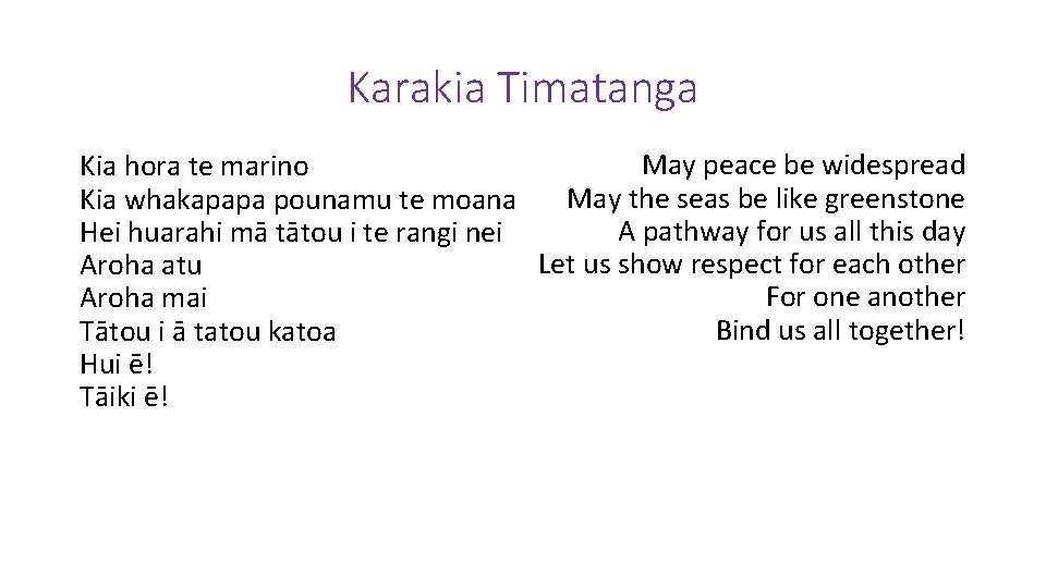 Karakia Timatanga May peace be widespread Kia hora te marino May the seas be