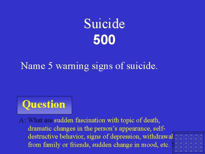 Suicide 500 Name 5 warning signs of suicide. Question A: What are sudden fascination