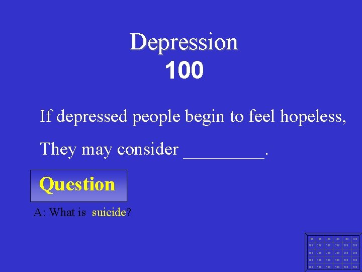 Depression 100 If depressed people begin to feel hopeless, They may consider _____. Question