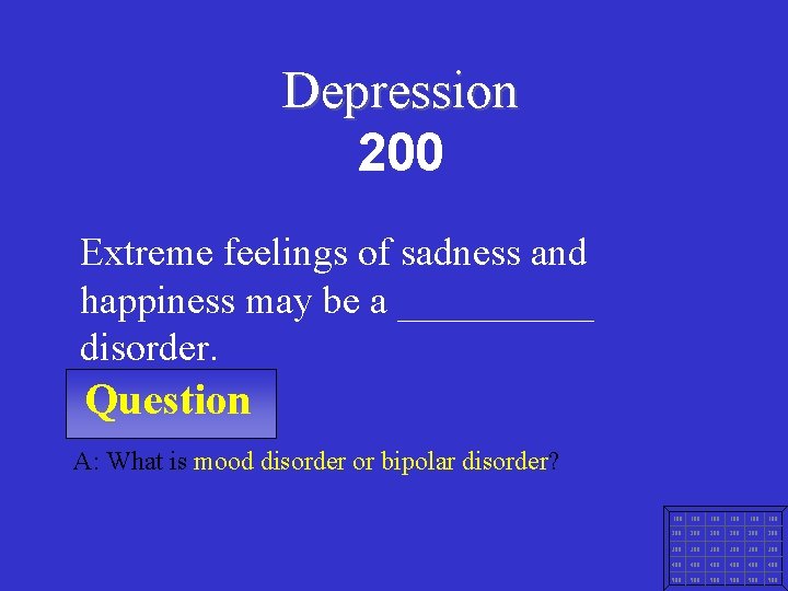 Depression 200 Extreme feelings of sadness and happiness may be a _____ disorder. Question