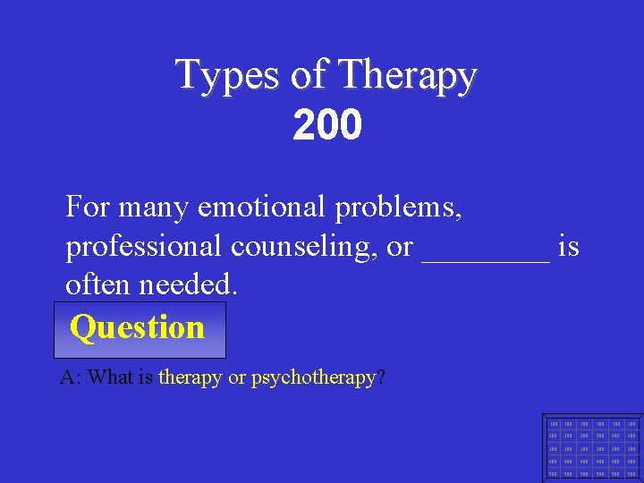 Types of Therapy 200 For many emotional problems, professional counseling, or ____ is often