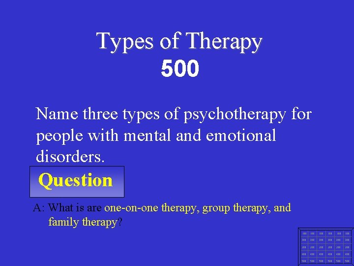 Types of Therapy 500 Name three types of psychotherapy for people with mental and