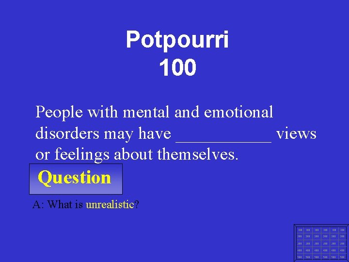 Potpourri 100 People with mental and emotional disorders may have ______ views or feelings