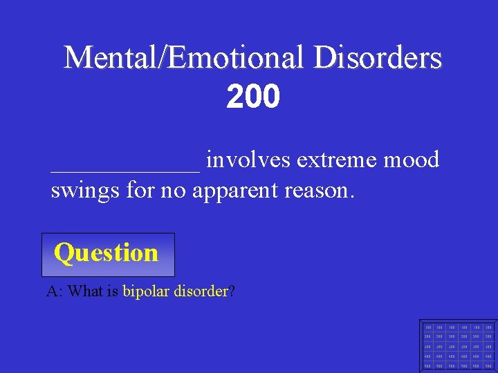 Mental/Emotional Disorders 200 ______ involves extreme mood swings for no apparent reason. Question A: