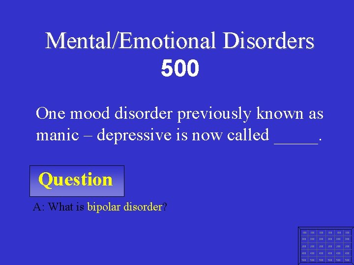 Mental/Emotional Disorders 500 One mood disorder previously known as manic – depressive is now