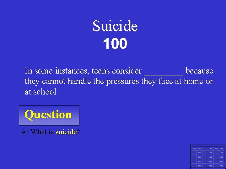 Suicide 100 In some instances, teens consider _____ because they cannot handle the pressures