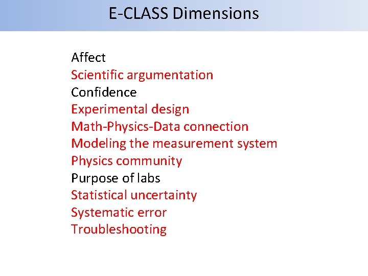 E-CLASS Dimensions Affect Scientific argumentation Confidence Experimental design Math-Physics-Data connection Modeling the measurement system