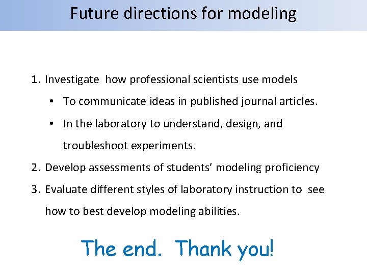 Future directions for modeling 1. Investigate how professional scientists use models • To communicate