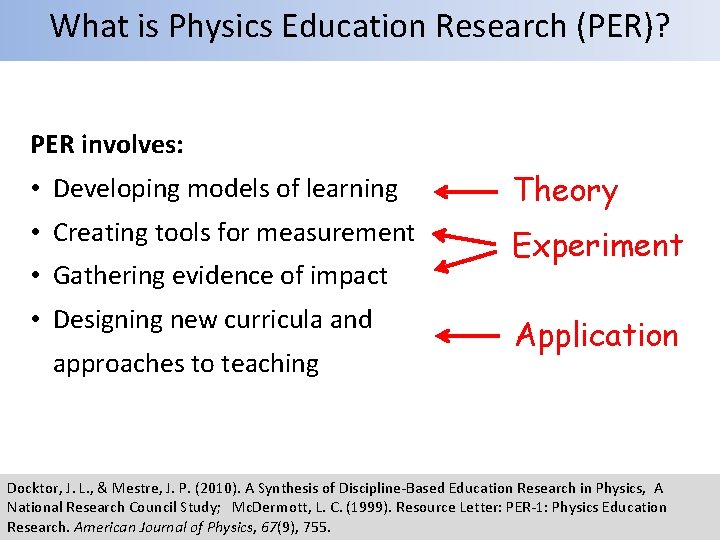 What is Physics Education Research (PER)? PER involves: • Developing models of learning Theory