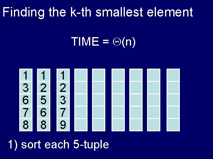 Finding the k-th smallest element TIME = (n) 1 3 6 7 8 1