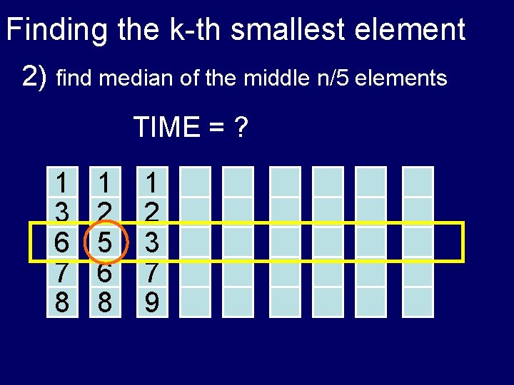 Finding the k-th smallest element 2) find median of the middle n/5 elements TIME