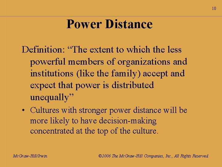 10 Power Distance Definition: “The extent to which the less powerful members of organizations