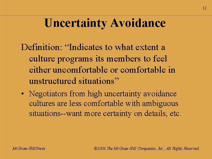 12 Uncertainty Avoidance Definition: “Indicates to what extent a culture programs its members to