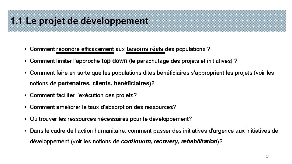 1. 1 Le projet de développement • Comment répondre efficacement aux besoins réels des