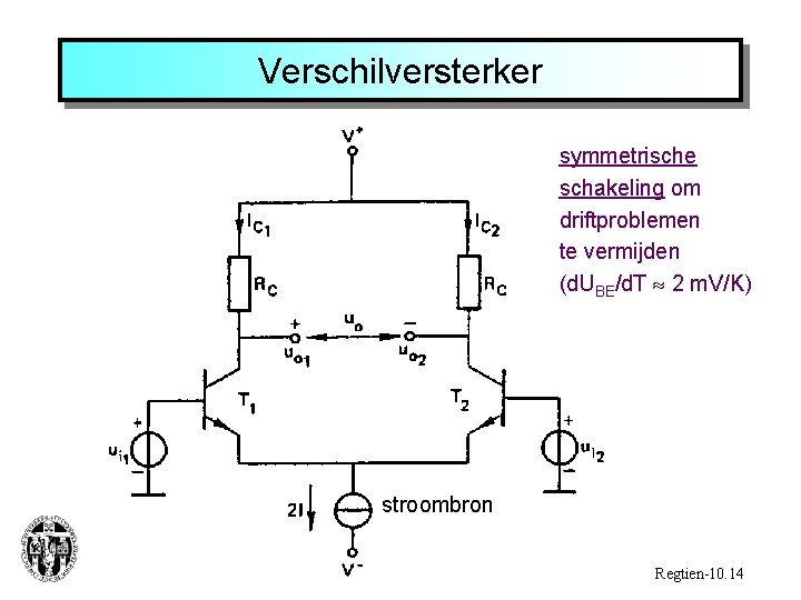 Verschilversterker symmetrische schakeling om driftproblemen te vermijden (d. UBE/d. T 2 m. V/K) stroombron