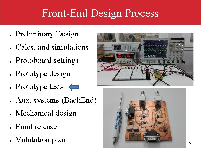 Front-End Design Process ● Preliminary Design ● Calcs. and simulations ● Protoboard settings ●