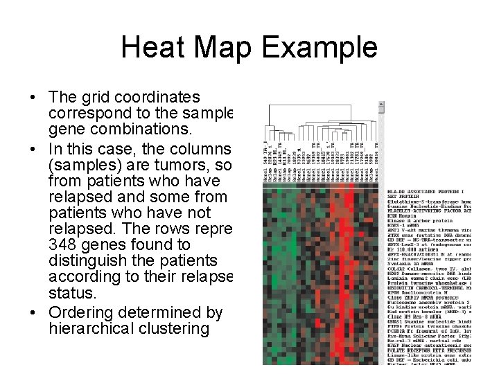 Heat Map Example • The grid coordinates correspond to the sample by gene combinations. Heat Map Example • The grid coordinates correspond to the sample by gene combinations.