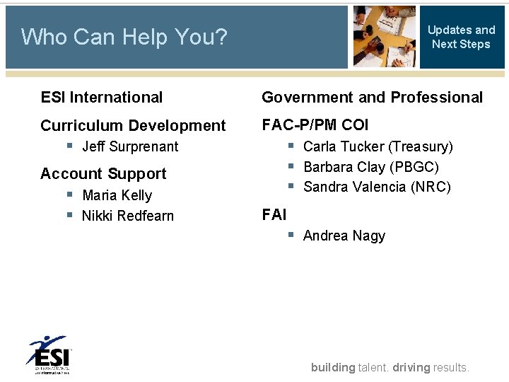 Who Can Help You? Updates and Next Steps ESI International Government and Professional Curriculum Who Can Help You? Updates and Next Steps ESI International Government and Professional Curriculum