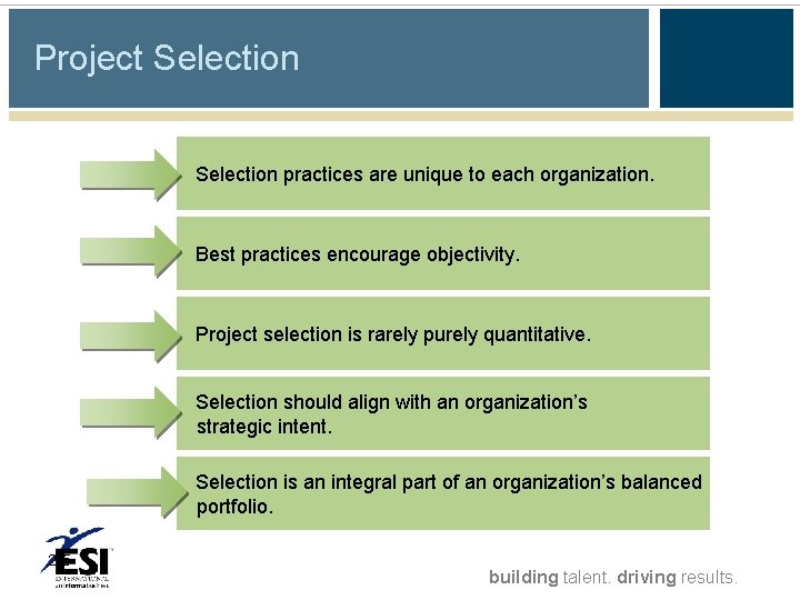 Project Selection practices are unique to each organization. Best practices encourage objectivity. Project selection Project Selection practices are unique to each organization. Best practices encourage objectivity. Project selection